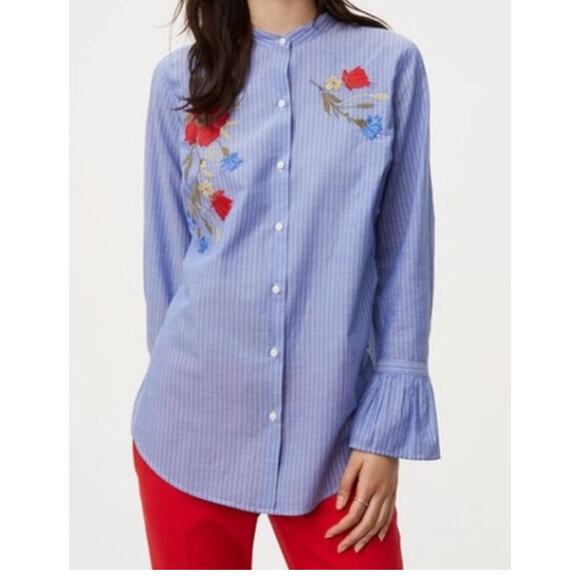 Women's Loft  Blue White Striped Blouse Embroidered Floral Button Up Top Size M - Picture 1 of 8